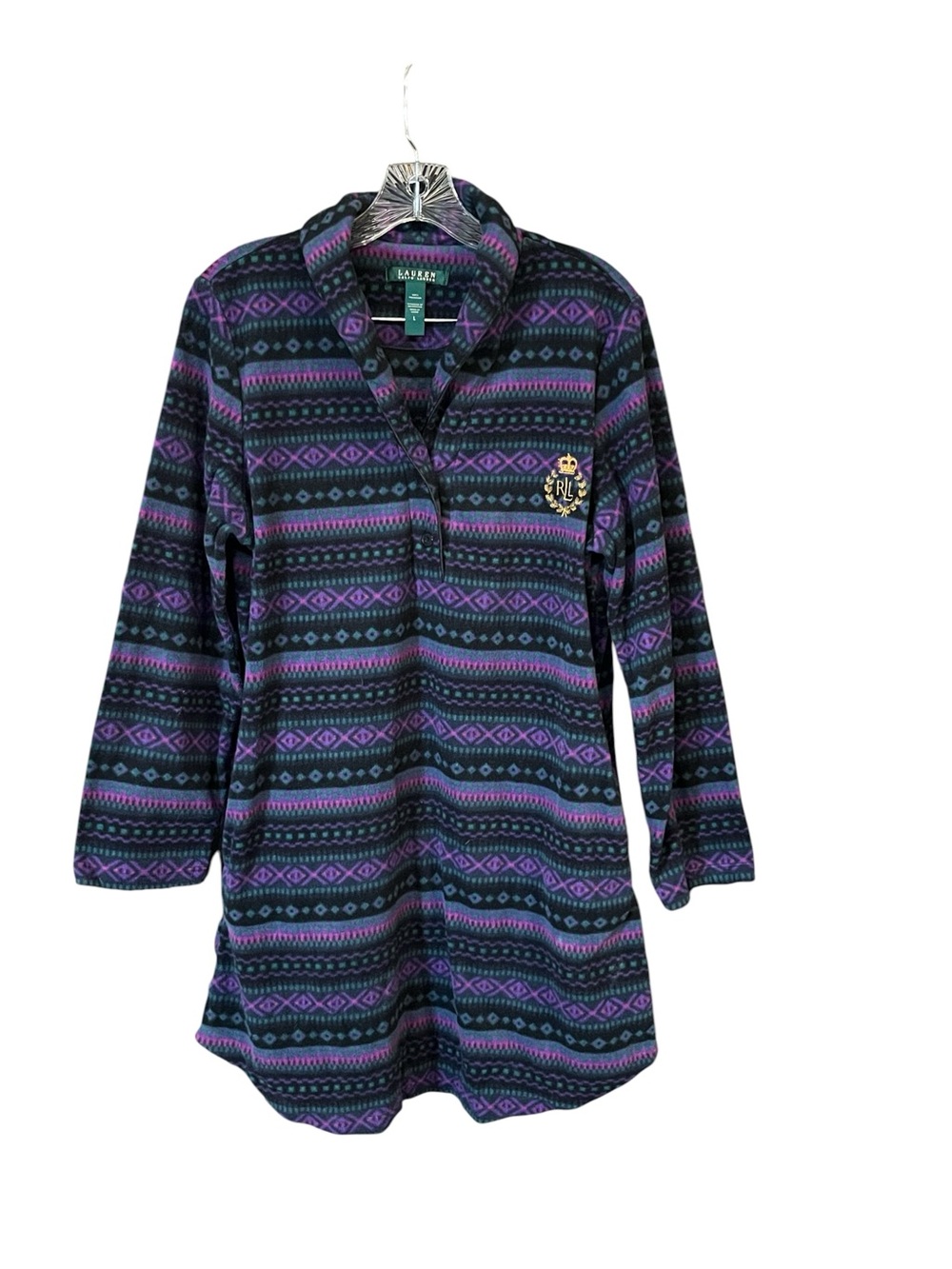Lauren Ralph Lauren Fleece lounge tunic top Women’s L Black Purple Southwestern